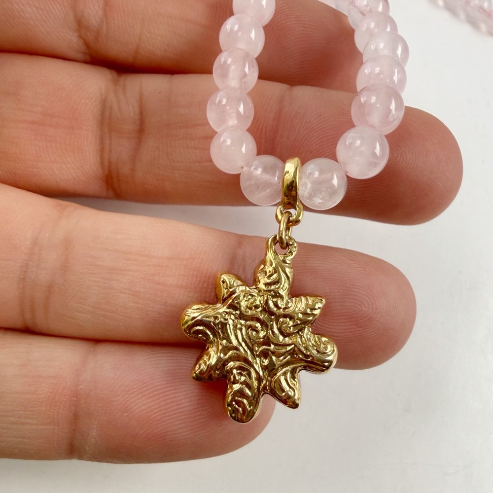 Vintage 1928 Rose Quartz Beaded Pink Crystal Rhinestone Flower Necklace 32” - Picture 3 of 5